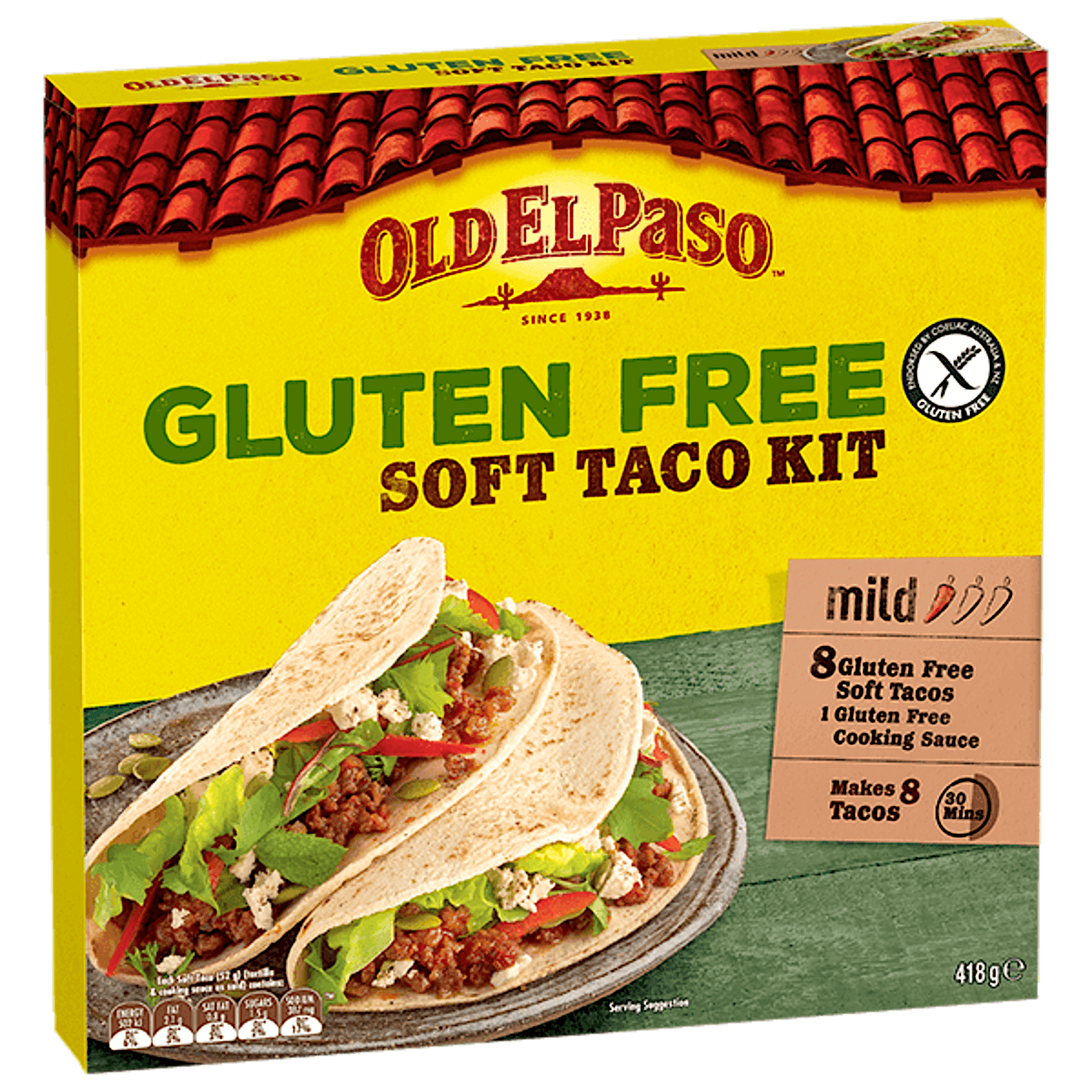 a pack of Old El Paso's gluten free mild soft taco kit containing soft tacos & cooking sauce (418g)
